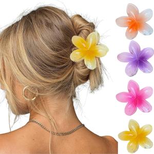Flower Claw Clip 4Pack Hair Clips for Women Large Claw Clips Non Slip Hawaiian Flower Hair Clips for Thick Hair Cute Clips Strong Hold Plumeria Flower Clip for Summer Holiday
