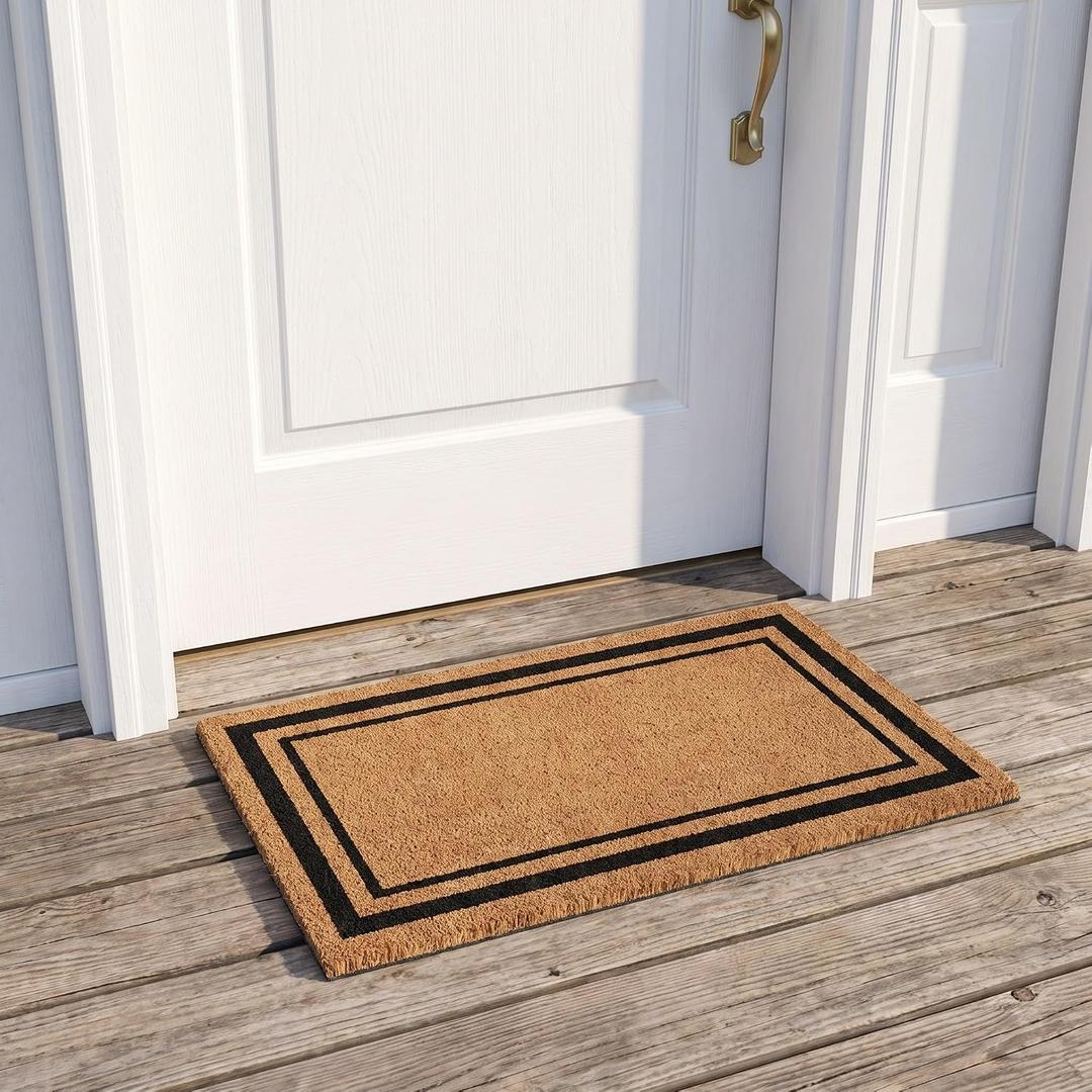 Black Border Coco Coir Doormat, 18" x 30", Non-Slip Backing, Heavy Duty Natural Fiber Front Door Welcome Entrance Mat, Low Clearance, Outdoor Indoor