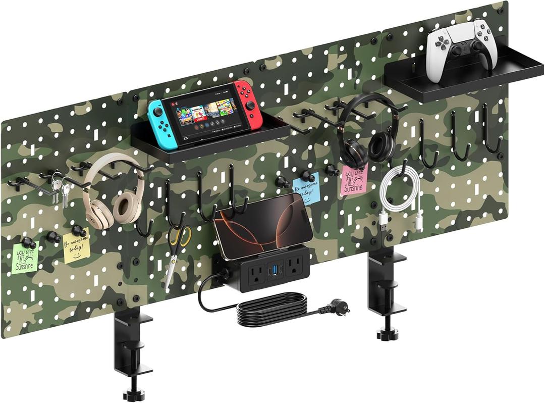 CCCEI Desk Organizer and Storage with Charging Station, Army Green Clamp on Table Pegboard, Gaming Standing Office Supplies Shelf Accessorie, Metal Peg Board Privacy Panels, Gifts for Men, 10FT.