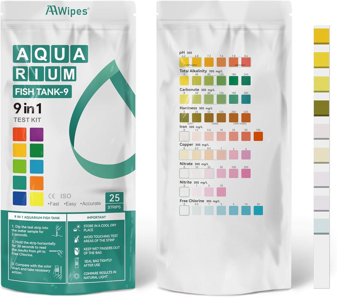 AAwipes Fish Tank Marine Water Test Strips 9-in-1 |25 Strips | Freshwater, Saltwater & Reef Tanks Quick & Accurate Test pH, Carbonate, Copper, Alkalinity, Hardness, Chlorine, Nitrate, Nitrite, etc