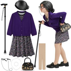 Old Lady Costume for Kids 100 Days of School Costume for Girls 100th Day of School Granny Old Lady Dress Up Accessory (5-7X, Purple)