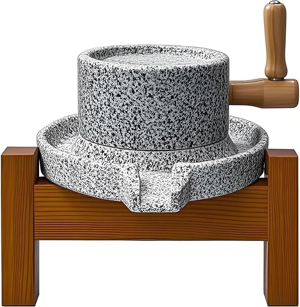 Granite Stone Disk Grain Mill for Home - Small Manual Countertop Wheat & Flour Grinder with Wooden Stand & Stainless Steel Crank | For Bread, Tortillas, Spices | Effortless Cleaning & Tool-Free Setup
