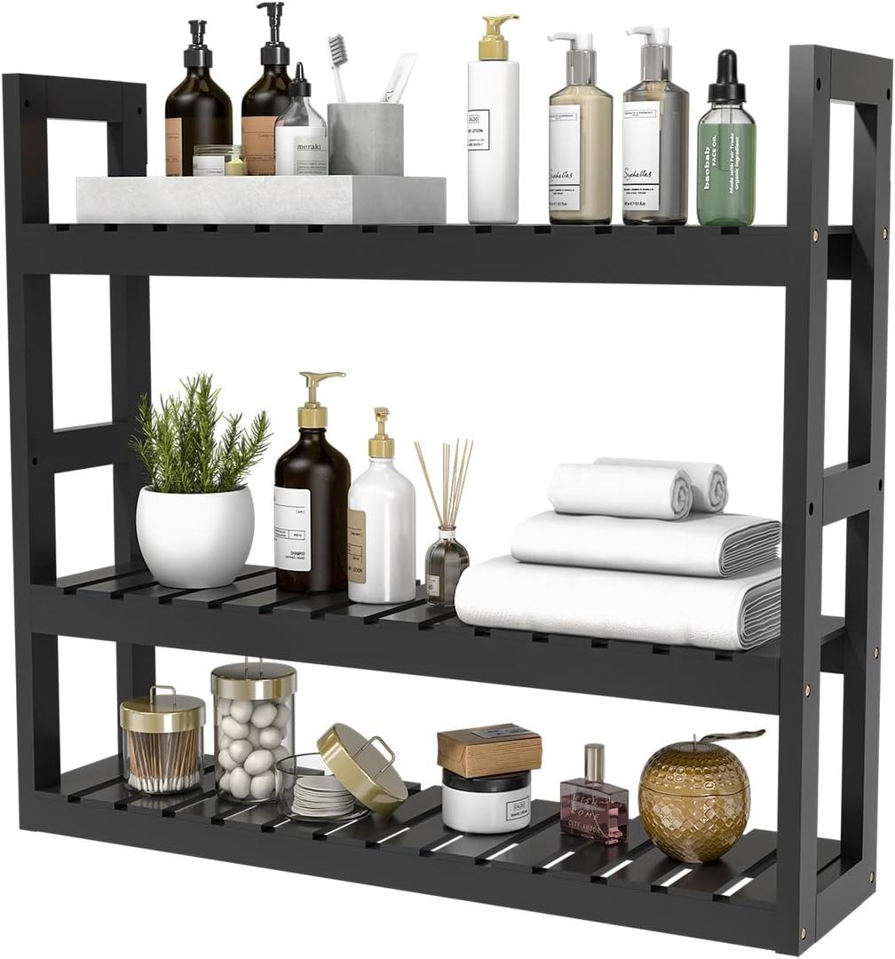 Domax Bamboo Bathroom Shelf 3-Tier Wall Mount Storage Rack Multifunctional Adjustable Layer Free Standing Over Toilet Utility Shelves Living Room Kitchen (Black), 23.6''L x 5.9''W x 21.3''H