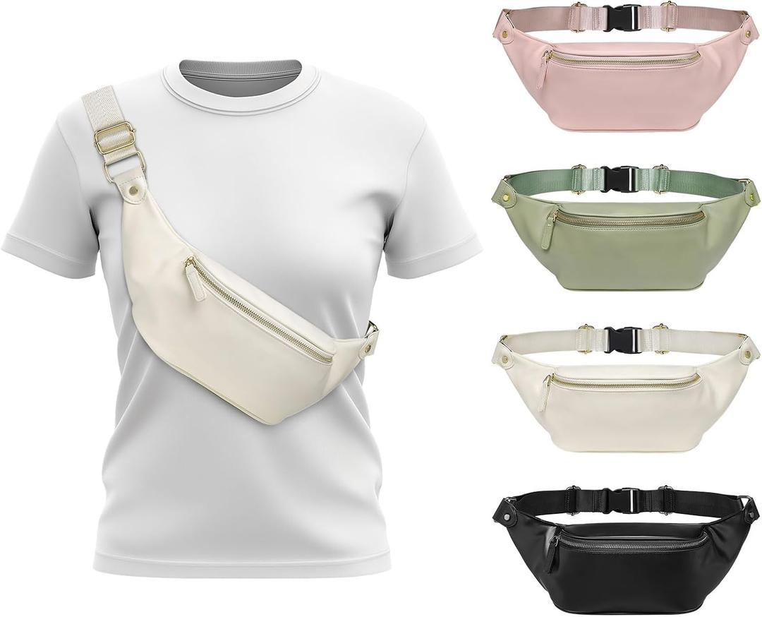 Faux Leather Belt Bag for Women, Crossbody Fanny Pack with Adjustable Strap, Back Zipper Pocket, Large Capacity Waist Pack for Travel, Concerts, Beige