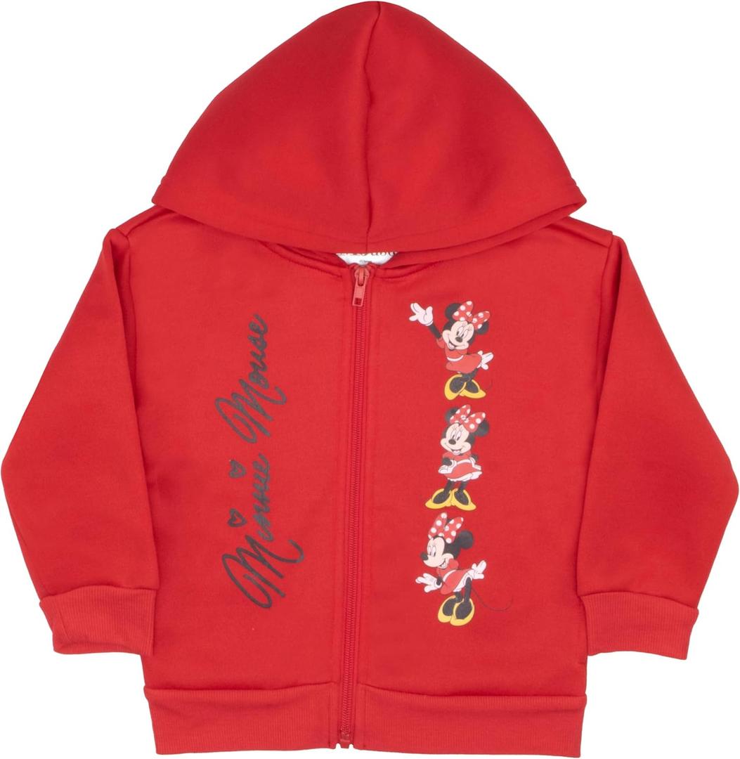Disney Minnie Mouse, Lilo & Stitch, Princess Girl's Zip-Up Hoodie, Long Sleeve Hooded Sweatshirt for Kids and Toddlers (4, Red)