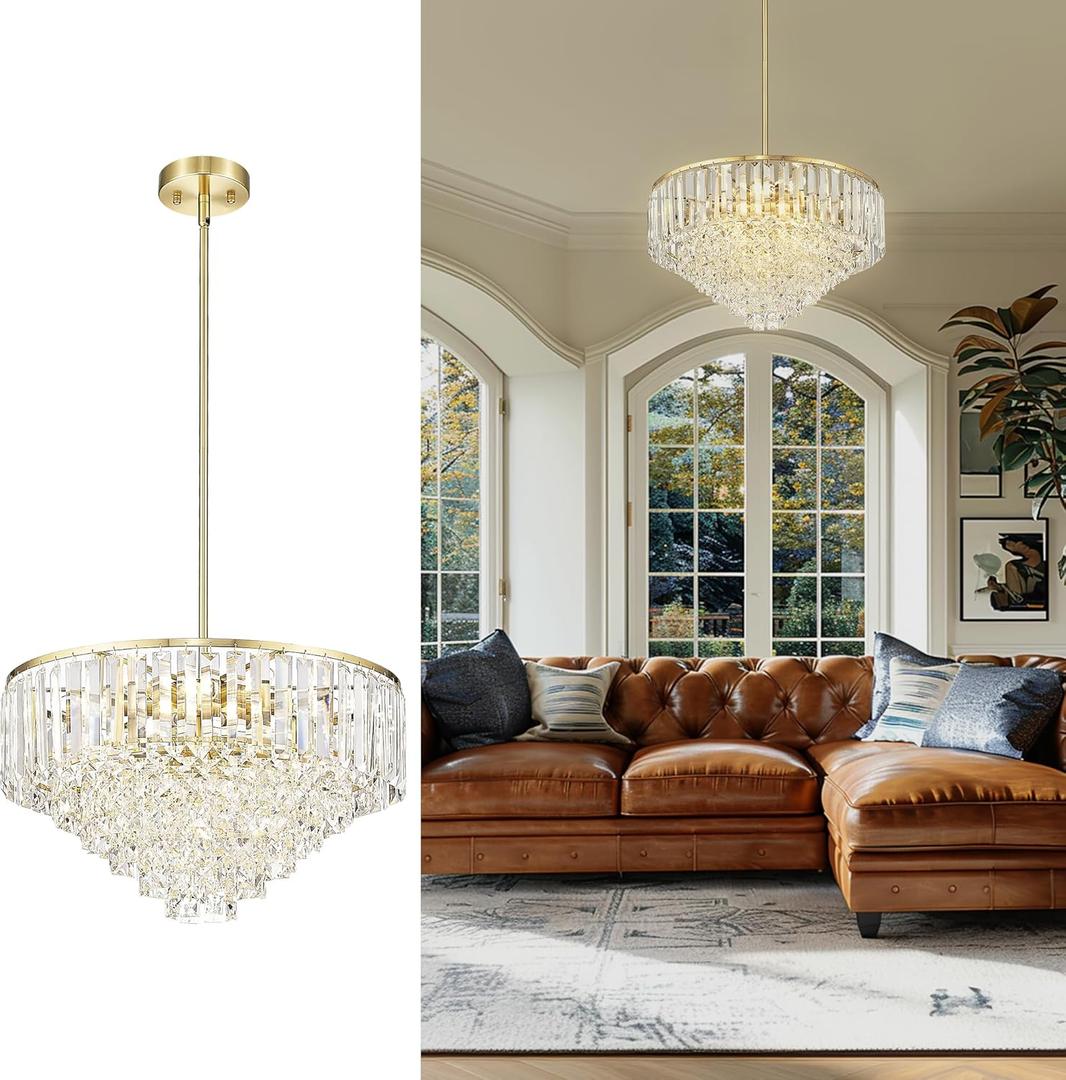 20'' Gold Crystal Chandelier,7-Tier Vintage Hanging lamp, Chandeliers for Dining Room Kitchen Island Bedroom Entryway, CC4215-7W-PG