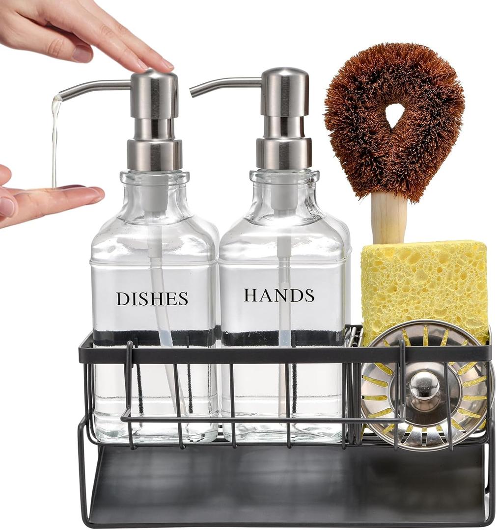 Dish Soap Dispenser with Sponge Holder - 16OZ Glass Bottle with Stainless Steel Pump, Metal Organizer with Adjustable Rails and Rag Holder, Effortless Drainage, Suitable for Kitchen Sink Countertop