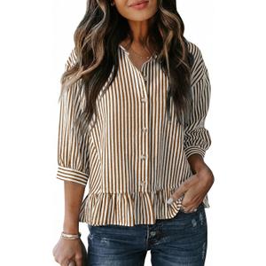 Dokotoo Cropped Button Down Striped Shirt 3/4 Length Sleeve Womens Tops Dressy Casual Blouses Babydoll Tops L