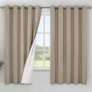 YoungsTex Extra Wide Burlap Linen Blackout Curtains for Bedroom, Taupe Thermal Insulated Drapes Heat Blocking with Grommet for Living Room Window with White Backing, 2 Panels, 60 X 63 Inch