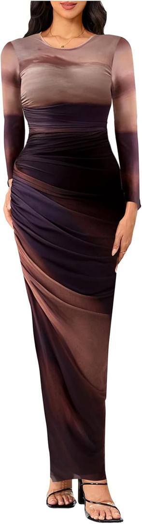 Women's Tie Dye Ruched Long Sleeve Dress Mesh Slim Fit Bodycon Maxi Dresses (Large, Brown)