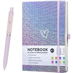 Bling A5 Notebook with Pen, Lined Journal Notebook A5 Notepad for Girls Women,Cute Heart Pattern Design Glitter Laser Diary College Ruled Hardcover Notebook for Work, School, Note Taking, Business (Purple)