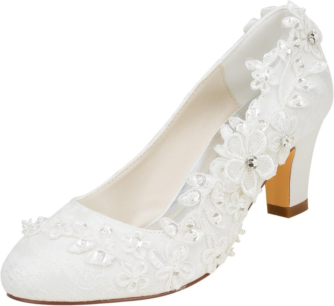 Emily Bridal Wedding Shoes Women's Silk Like Satin Chunky Heel Pumps with Stitching Lace Flower Crystal Pearl (5, Ivory)