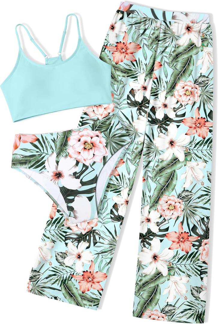 NECIOUS Girls Swimsuit, 3 Piece Bikini Bathing Suit Tropical Floral Swimwear with Cover Up Pants 7-16Y (13-14 Years, Mint Green)