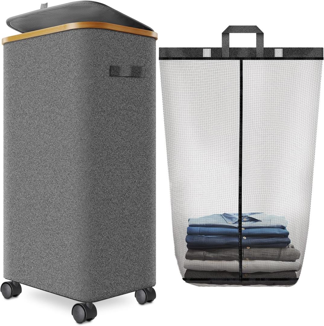 Laundry Hamper with Wheels,29 Gal (110L) Laundry Basket with lid Rolling Clothes Hamper Foldable Dirty Clothes Basket on wheels with Bamboo Frame and Bag for Bedroom, Dorm, Laundry Room-Grey