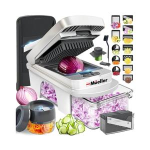 Mueller Pro-Series All-in-One, 12 Blade Mandoline Slicer for Kitchen, Food Chopper, Vegetable Slicer and Spiralizer, Cutter, Dicer, Grater, Kitchen Gadgets Sets with Container, White Sand/Gray