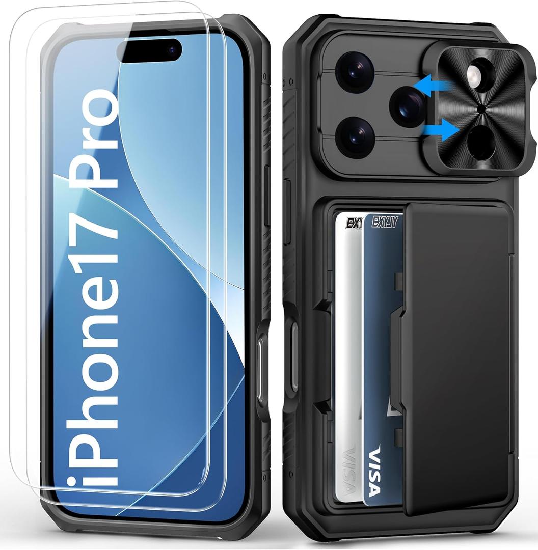 for iPhone 17 Pro Case Wallet with Screen Protector (Tempered Glass), Card Holder (4-5 Cards), Slide Camera Cover, Military Grade Drop, Heavy Duty Men Women Case for iPhone 17 Pro, Black