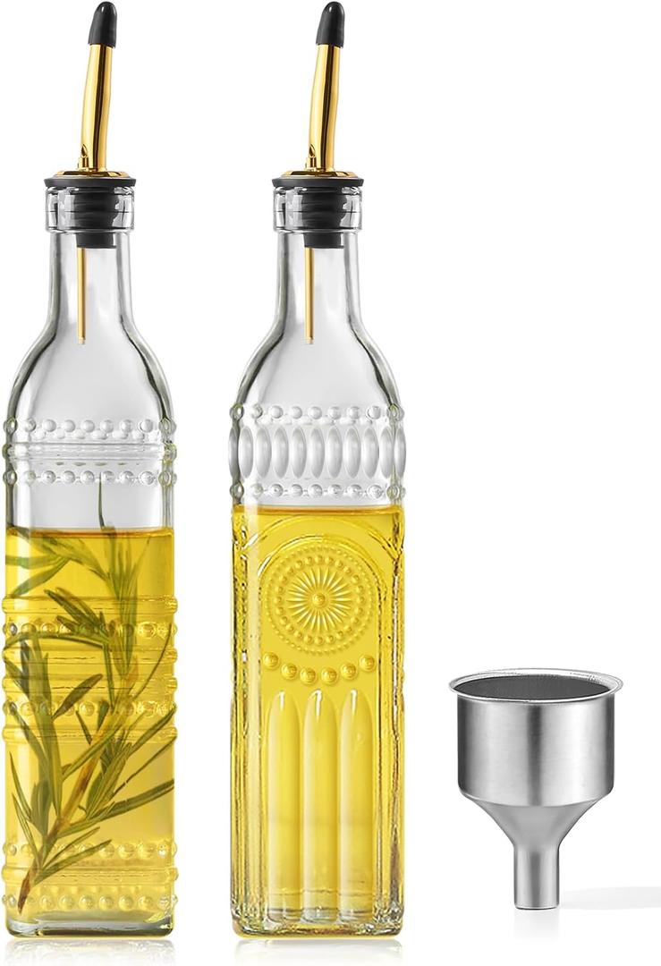 2 x 2 Pcs Olive Oil Dispenser Bottle for Kitchen,17oz Clear Glass Cooking Oil and Vinegar Dispenser Set, Coffee Syrup Dispenser with 2 Pourers and 1 Funnel (Two squares)