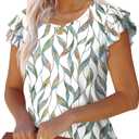 WEESO Womens T Shirts Ruffle Short Sleeve Summer Tops Cute Crew Neck Casual Blouses (Medium, Floral Multi Leaf)