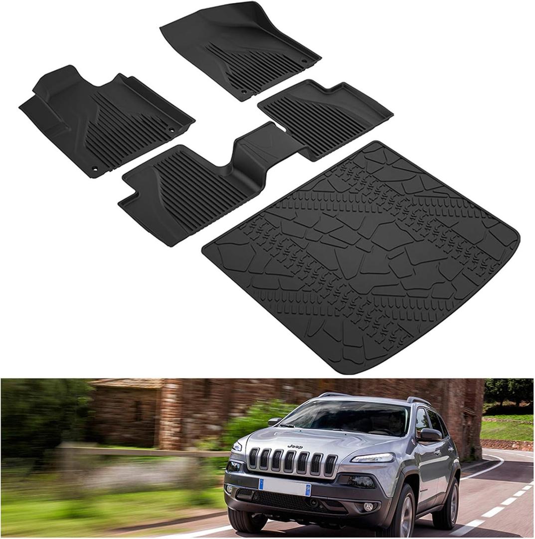 KIWI MASTER Floor Mats & Cargo Liner Set for 2014-2023 Jeep Cherokee All Weather Mat Front & Rear 2 Row Seat Trunk TPE Slush Liners Black (Not Grand Cherokee)