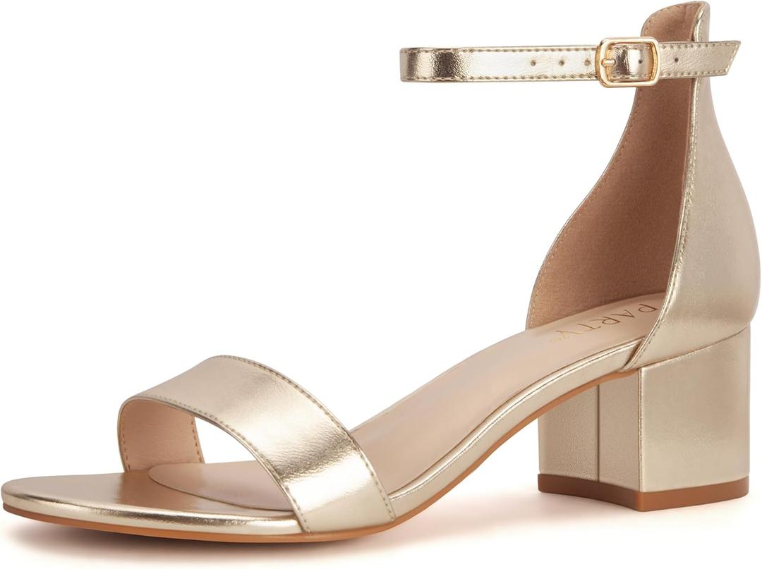 PARTY Women's Open Toe Ankle Strap Low Block Chunky Heels Sandals (6.5, Light Gold)