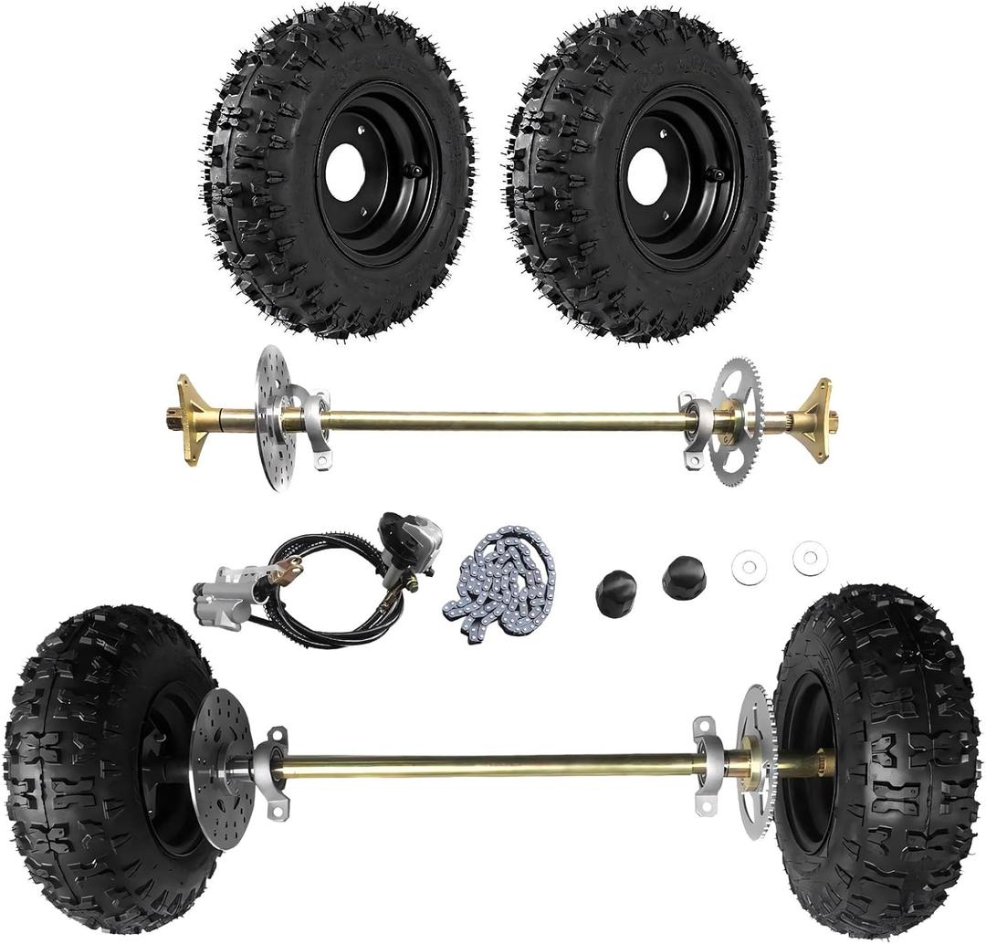 6" Go Kart Axle Kit, 740MM Rear Axle Kit with 2 Wheels, Tires, Rim, Brake Assembly and T8F Chain, DIY Live Axle Kit for Go Kart, Quads, Trike, Drift Bikes