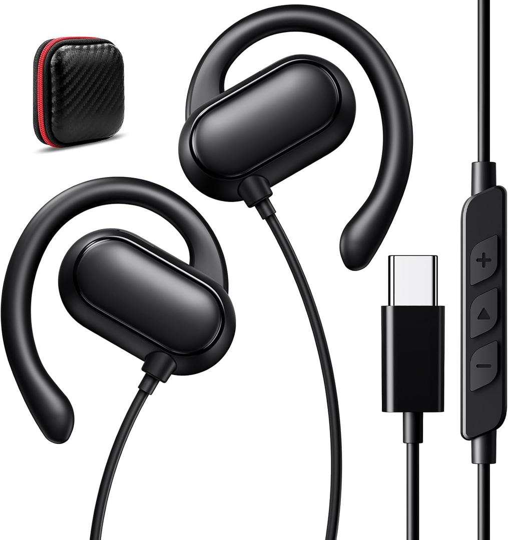 USB C Headphones Wired Earbuds Open Over Ear Buds for Apple/Android USBC Type C Earphones Wire Corded for iPhone 17 17e 16 16e 15 Pro Wrap Around Ear Hook for Samsung S26 Ultra S25 S24 S23 Plus Black