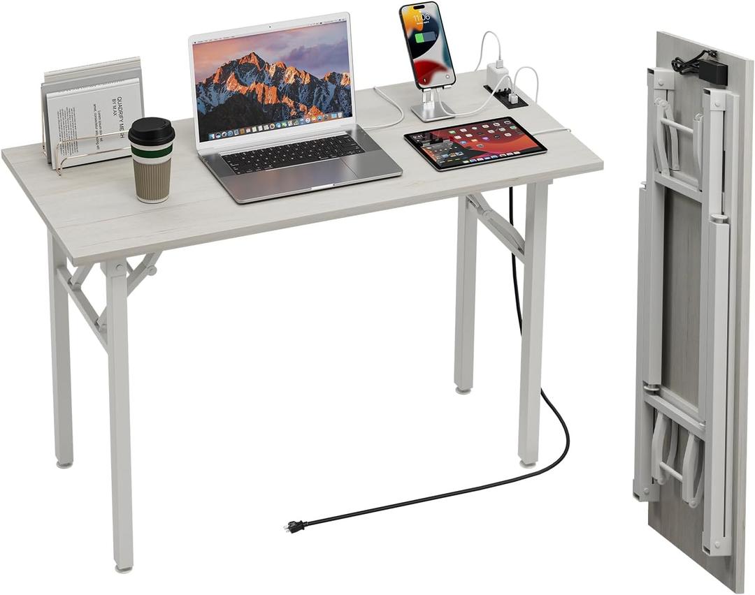 TEMI Small Computer Desk Folding Table - No Assembly, Compact 43.3" Foldable Desk with Power Outlets & USB Charging Port, Portable Small Office Desk, Ideal Mini Study Table for Narrow Spaces,White Ash, 19.6"D x 43.3"W x 28.7"H