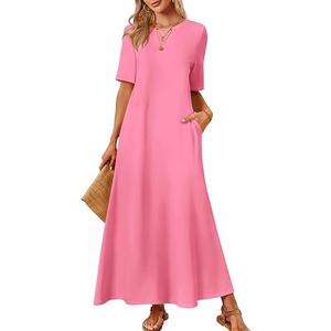MEROKEETY Summer Maxi Dresses for Women 2026 Vacation Spring Casual Short Sleeve Basic Long T-Shirt Dress Pockets (Small, Dusty Pink)