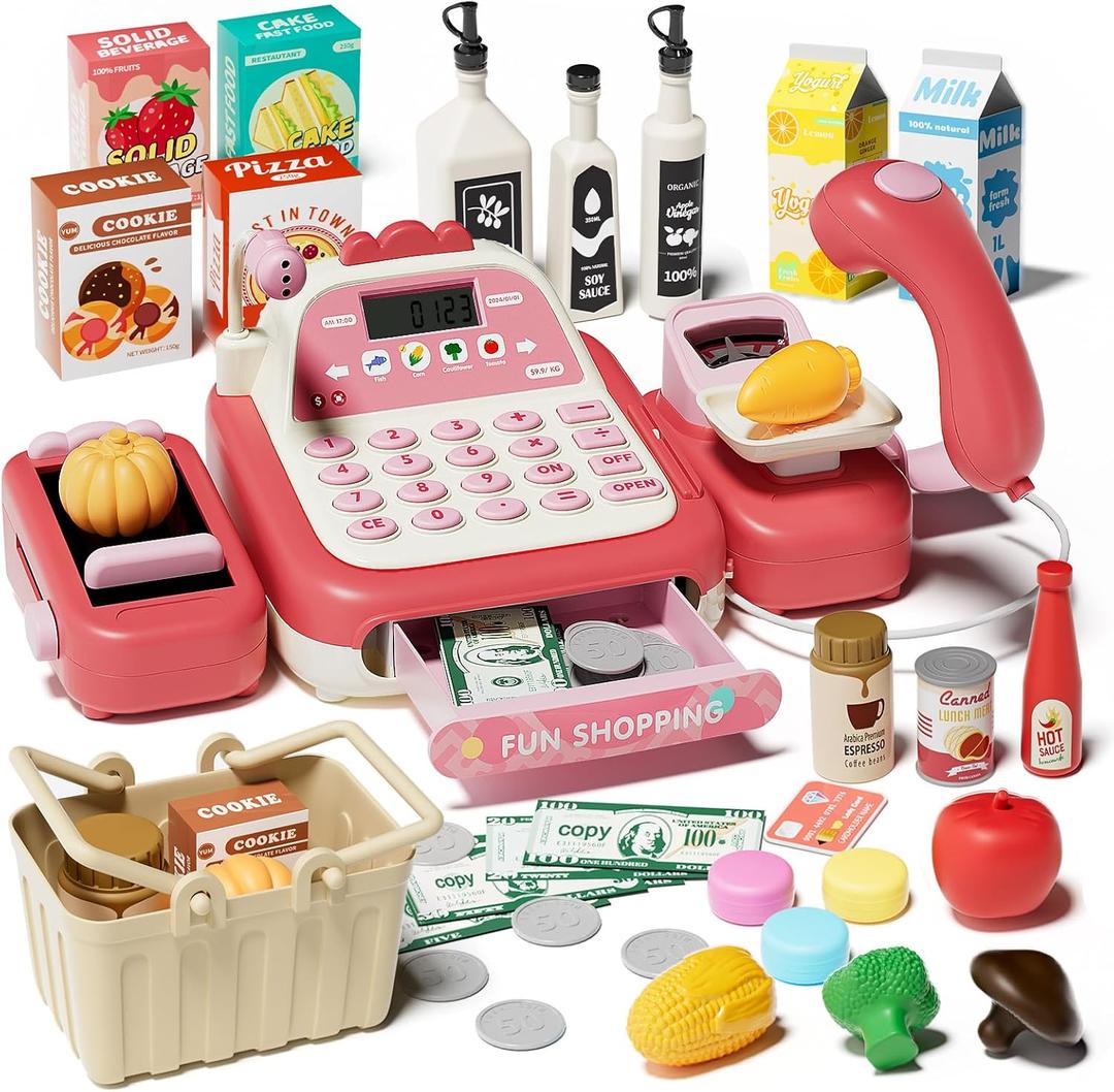 STACTCUTE 49PCS Pretend Play Cash Register Toy Set for Kids with Real Calculator, Scanner, Microphone, Conveyor Belt, Weighing Tool, Cashier Playset Realistic Gift for Toddler Kid Ages 3 4 5 6 7 8Pink