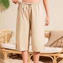 Schine Women Cozy Capri Pants Lightweight High Waist Elastic Drawstring Pants with Pockets Loose Button Trim Cropped Trousers (Beige, XXL)