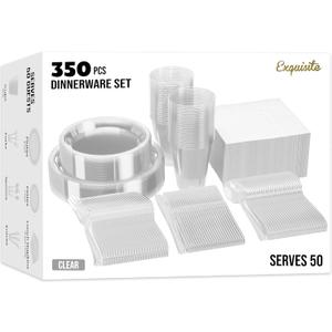 350 Pcs Clear Plastic Plates For Party, Clear Disposable Plates Set, 50 Of Each 9" Dinner Plate Set, 7" Dessert Plate, Cups, Napkins & Cutlery Plastic Dinnerware Set Exquisite