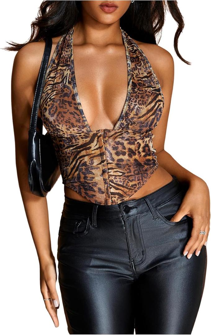 MakeMeChic Women's Corset Top Going Out Sexy Halter Top Cheetah Print Backless Deep V Neck Top (Medium, Brown)
