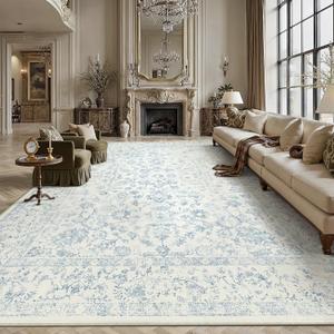 PureCozy 10x12 Blue Area Rug Washable Non Slip Large Vintage Living Room