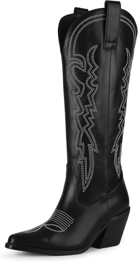 IDIFU IN3 Cowboy Boots for Women Cowgirl Knee High Western Embroidered Booties Side Zipper Low Block Chunky Heel Pull on Pointed Toe Tall Booties Comfy Dress Long Boots