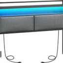 Queen Size Headboard, Upholstered Headboard with Charging Station and LED Light, 2 AC Outlets, 2 USB Ports and 2 Type-C Ports, 2-Tier Open Shelves, with Bed Frame Adapters, Black and Gray