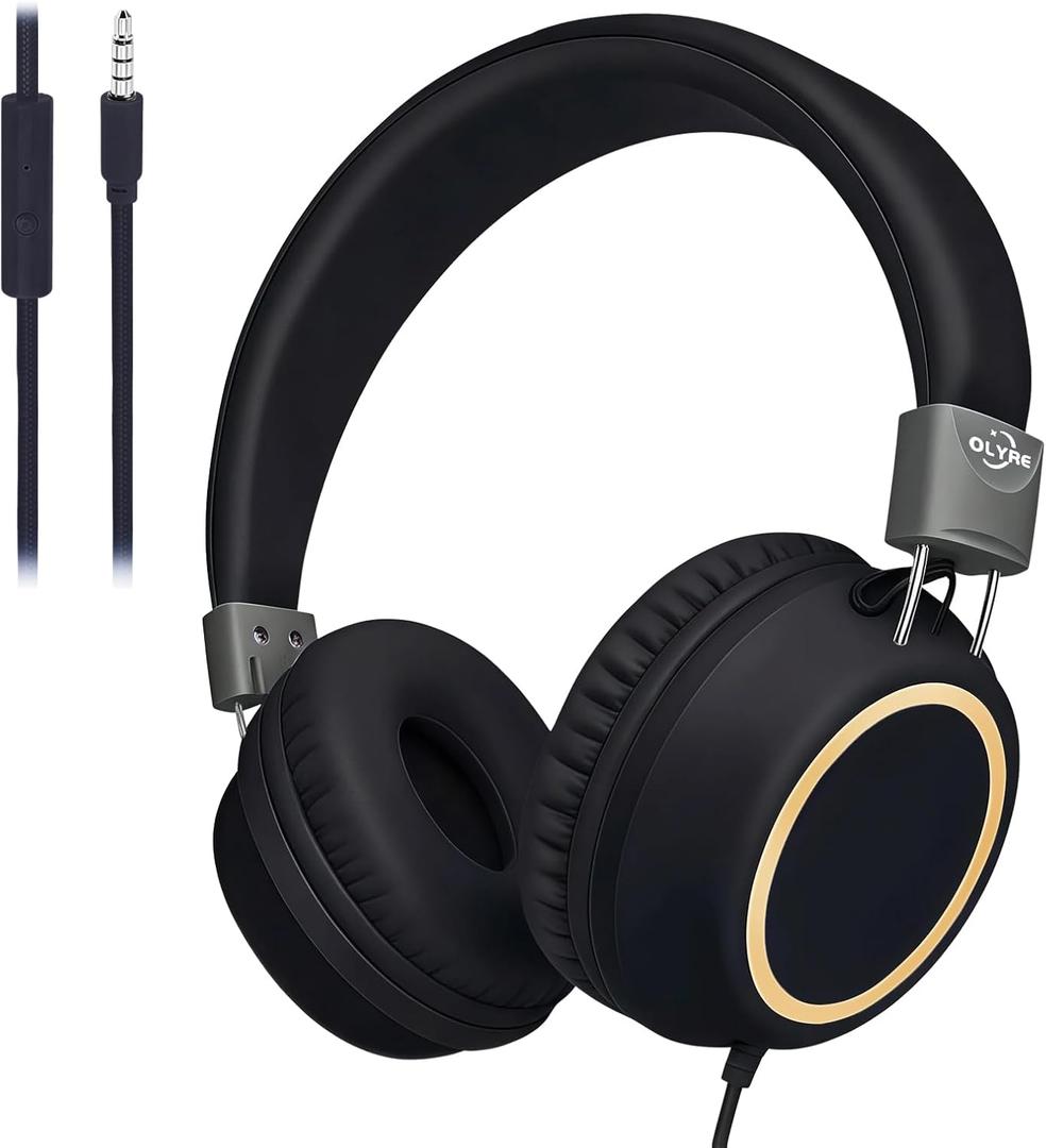 Olyre Kids Foldable Headphones, Toddler Headphones with Cord for School Plane Travel, Lightweight Stereo Wired Children Earphones with HD Mic for Boys Girls for Computer Cellphone Tablet - Black