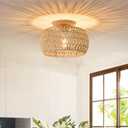 13 Inch Rattan Flush Mount Ceiling Lights Farmhouse Boho Ceiling Light Fixtures Rustic Wicker Hand Woven Rope Cage for Dining Room Kitchen Bedroom Foyer Hallway Entryway