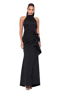 Xscape Women's Sleek Sleeveless V-Neck Gown with Cascading Ruffle and High Slit, Black, 8 (Black)