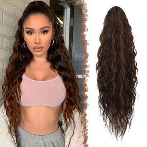 FESHFEN Ponytail Extensions - 26 inch Drawstring Long Curly Wavy Clip in Ponytails Synthetic Hair Piece Pony Tail Hairpieces for Women, Dark Brown Highlighted Auburn