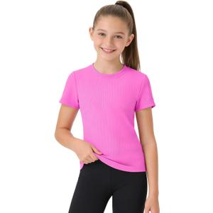 JOCMIC Girls T-Shirts Short Sleeve Stretchy Ribbed Crewneck Athletic Tees | Breathable Strenchy Comfort Material, Summer Clothes 2026, Sports School Daily