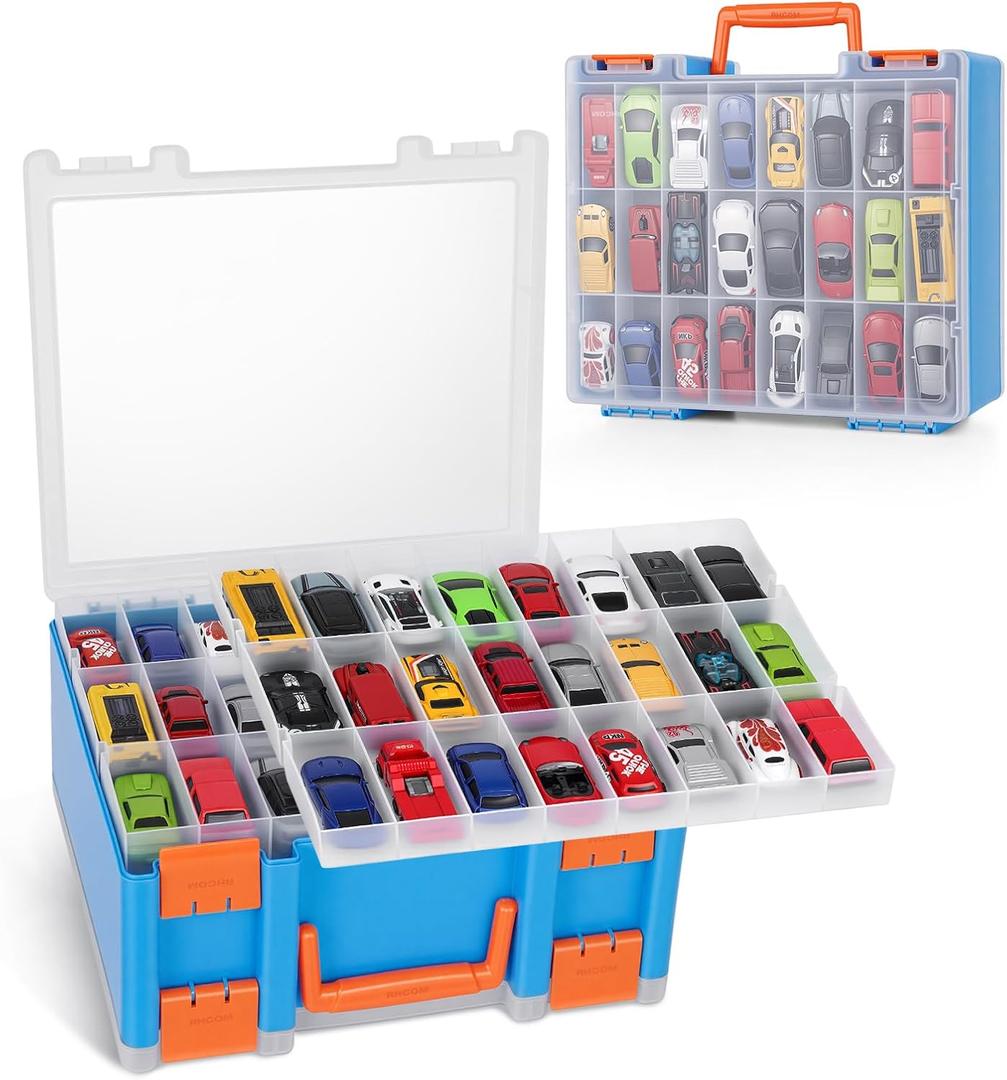Sturdy Toy Storage Carrying Case for 1:64 Scale Small Toy Cars - 96 Slot Toy Car Storage Box Compatible with HotWheels Cars & Matchbox Cars. (Blue)