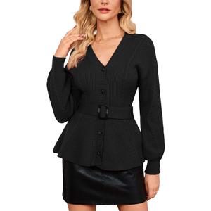 Women's Belted Cable Knit Cardigan Long Sleeve V-Neck Button Down Peplum Sweater (Medium)