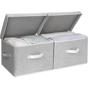 StorageWorks Fabric Storage Bins with Lid, Decorative Storage Boxes for Shelves, Stackable Closet Organizer Basket with Handles, Large, Gray, 2-Pack