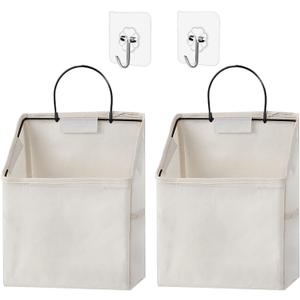 2 Pack Wall Hanging Storage Bag, Hanging Organizer Bag with Sticky Hook, Wall Organizer for Dormitory Bathroom Bedroom Kitchen (White)