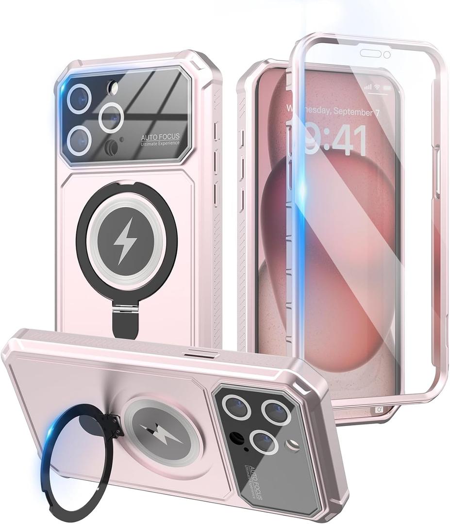 KJSK for iPhone 15 Pro Max Case,Kickstand+Magnetic+Screen Protector+Camera Protection,Heavy Duty Protection,Drop Proof Rugged Protective Cell Phone Cover for iPhone 15 Pro Max(Pink)