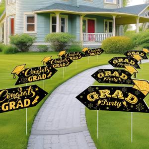 Landical 8 Pack 2026 Graduation Party This Way Yard Sign Arrow 17 x 6 Inch Double Sided Printed Directional Yard Sign with Stakes Black Graduate Party for Outdoor Graduation Supply(Gold)