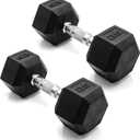 25LB CAP Rubber Coated Dumbbell Weights, Free Weights for Home Gym Strength Training, Anti-Roll Hex Dumbbells with Black, Chrome & Comfort Grip Handles, Pair of 25lb