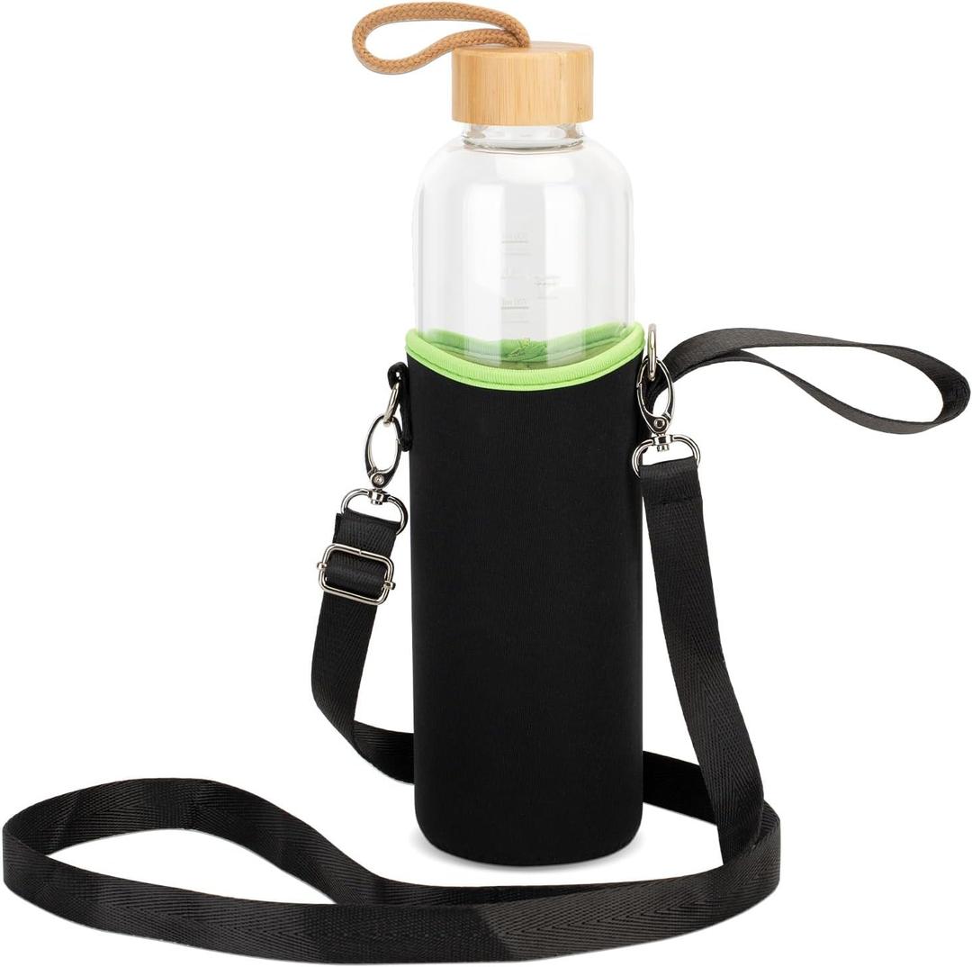 Sursip 32 oz Glass Water Bottle - Nylon Bottle Protection Sleeves, Bamboo Lid, And 1L Time Marked Measurements, Reusable, Eco-Friendly, Safe for Hot Liquids Tea Coffee Daily