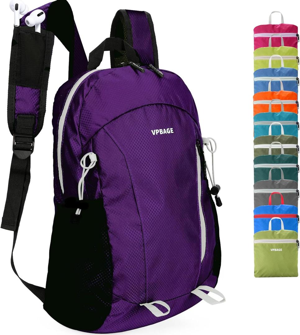 15L Water-resistant Hiking Daypack, Small Backpack Travel Outdoor, Lightweight Day Pack with Tool Loops (Super Dark Purple)