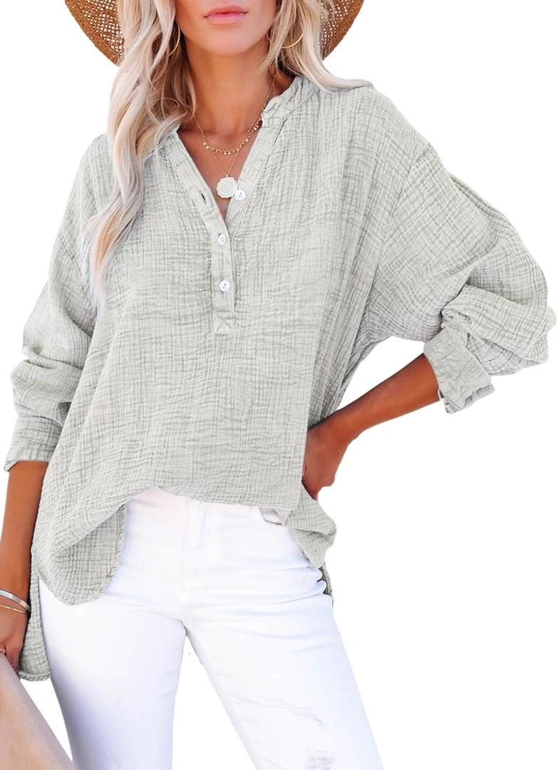 Dokotoo Long Sleeve Shirts for Women Casual V Neck Oversized Blouses Tops (Gray, XXL)